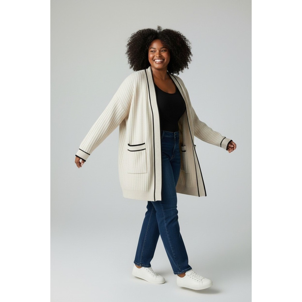 Adrianna Papell Cardigan Women XL Cream Excellent Textured Contrast Trim Pockets